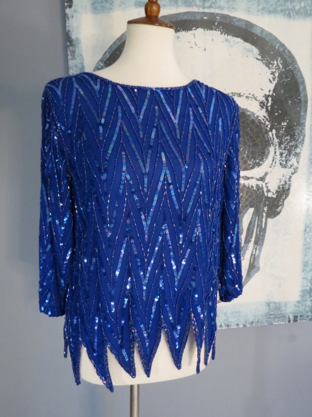 Vintage Royal Blue Sequin Chevron Women's Top